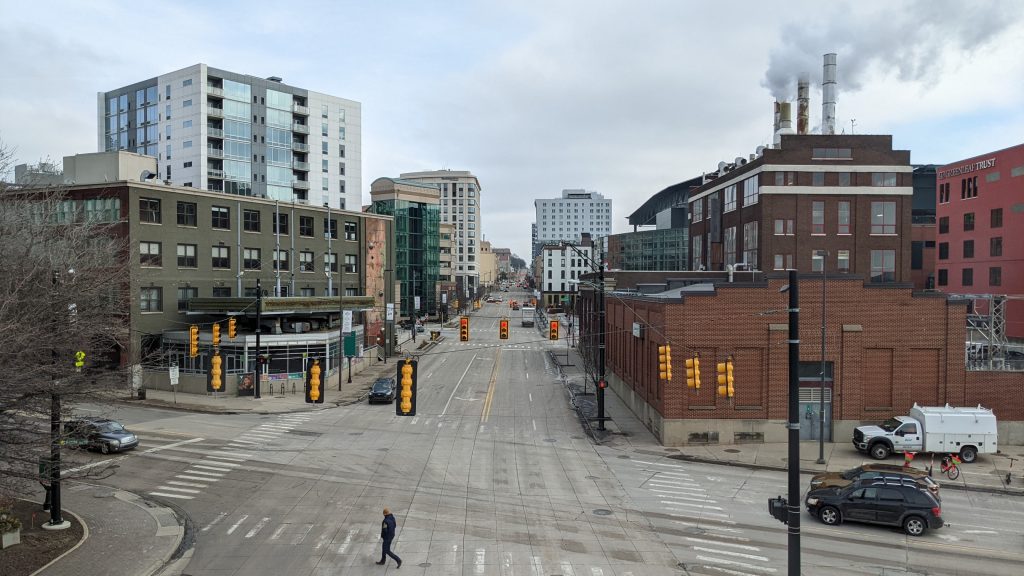 The view east from the Skywalk in Grand Rapids