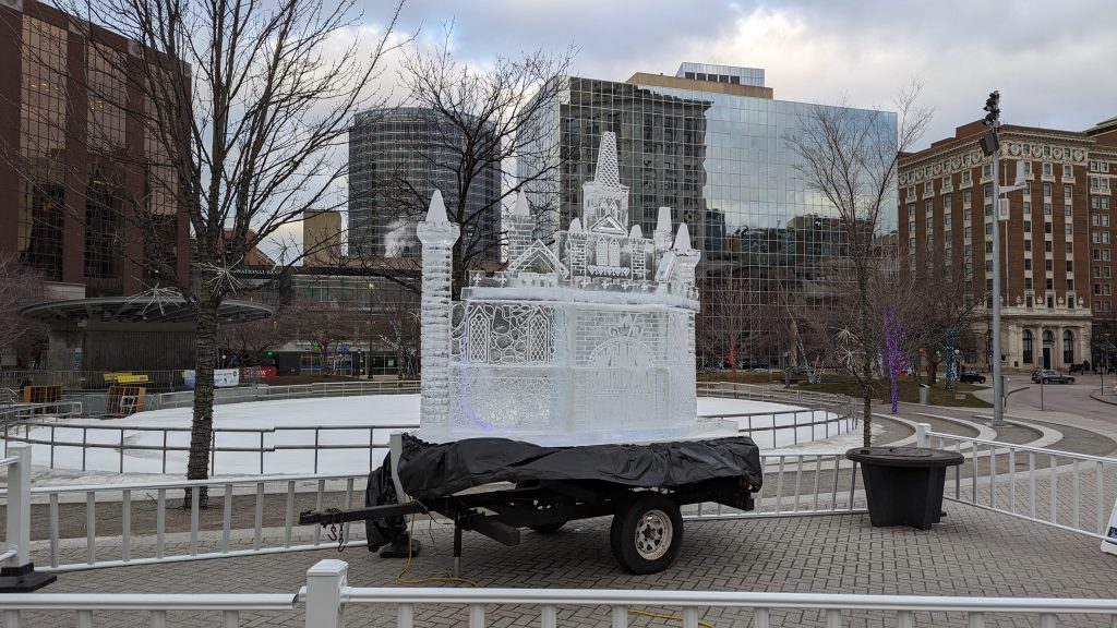 Ice sculpture of a castle at the Elliptic at Rosa Parks Circle, Grand Rapids, Michigan