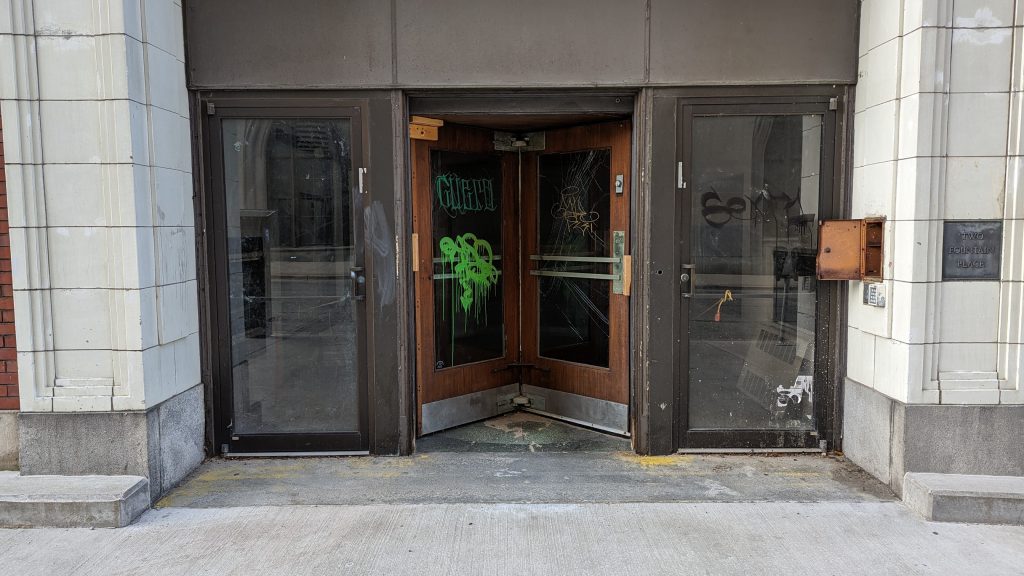 Revolving door into the Keeler building in downtown Grand Rapids