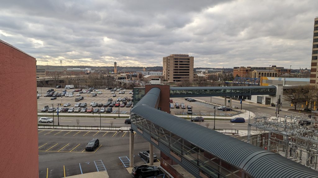A view West, overlooking a section of the Skywalk in Grand Rapids, Michigan