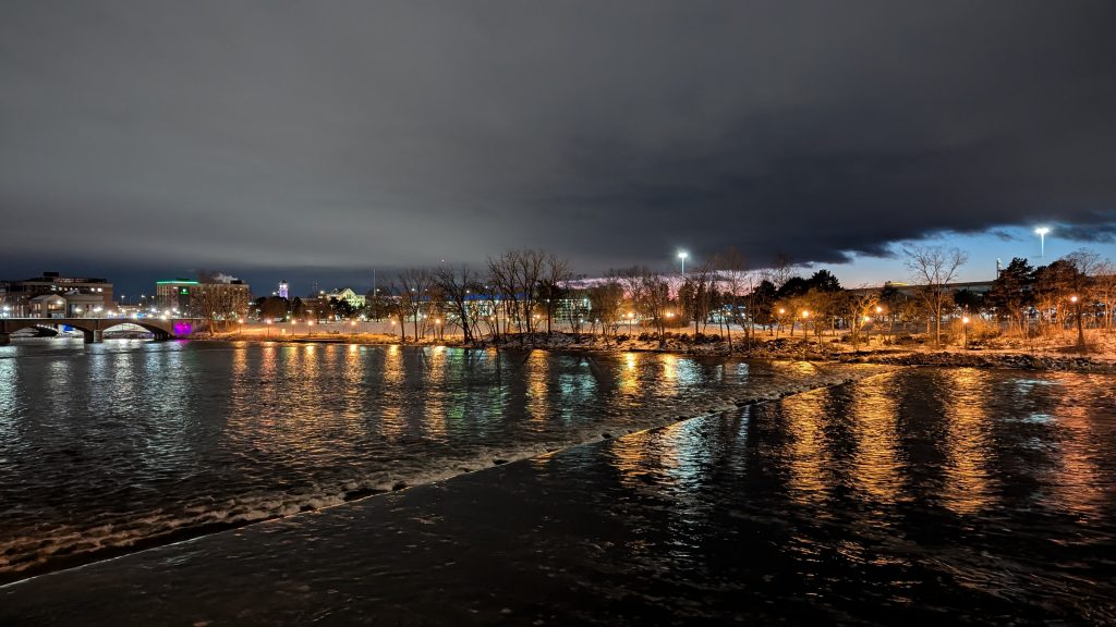 The Grand River, as seen at sunset from the Bridge Street bridge.