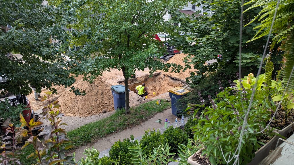 A crew digging in the street, replacing lead water lines with copper.